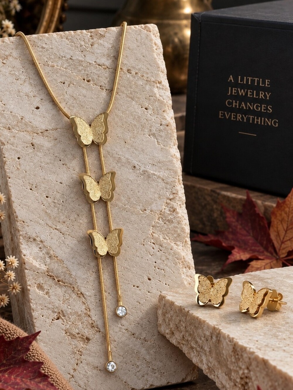 Gold Butterfly Lariat Necklace and Stud Earring Set CZ Dainty Y Drop 17.5"